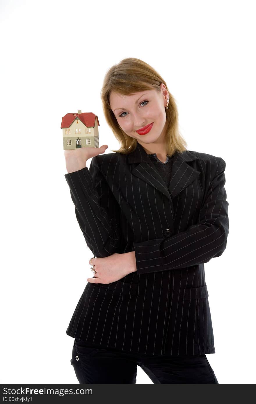 Business woman advertises real estate on white background