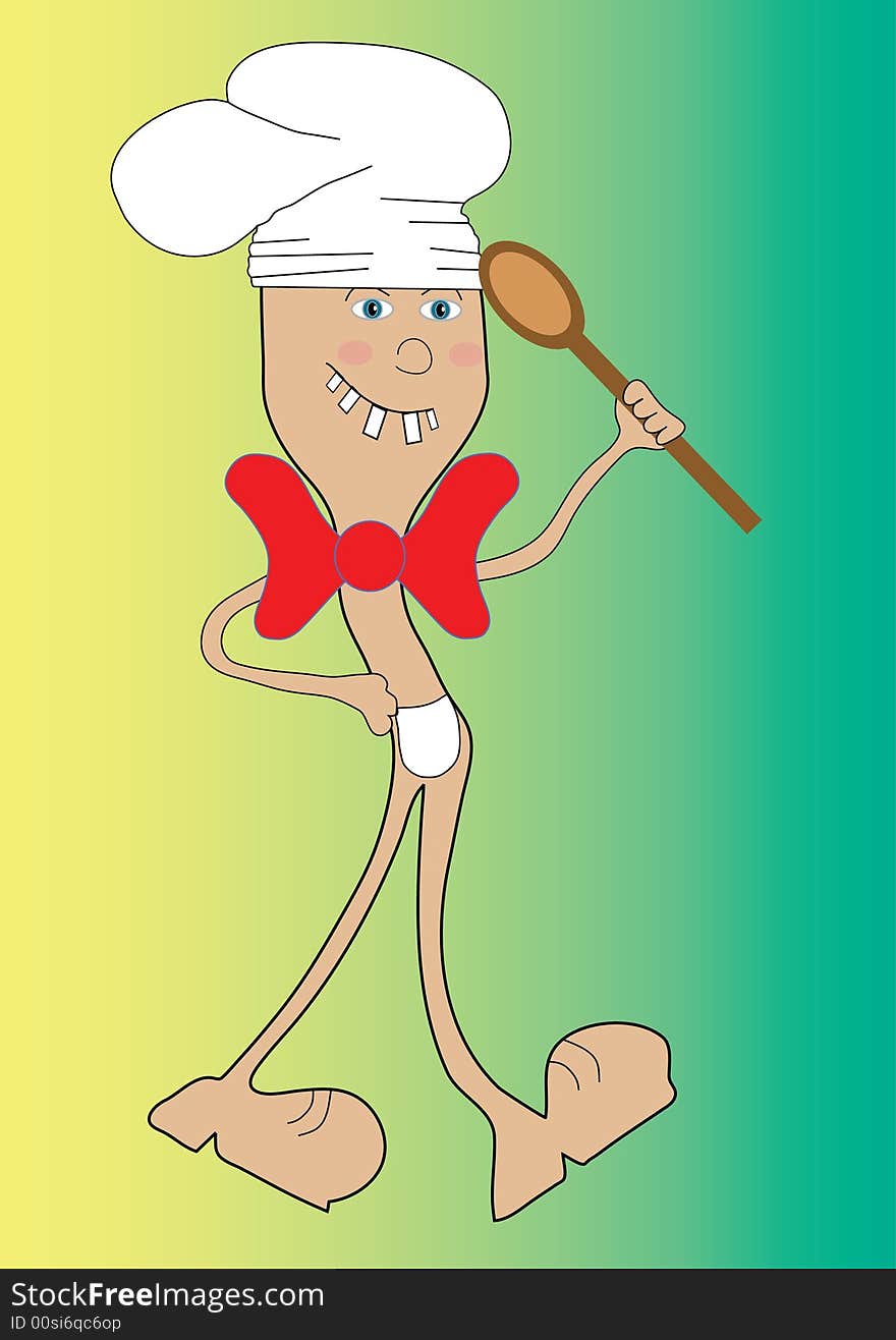 Cook with ladle on green background