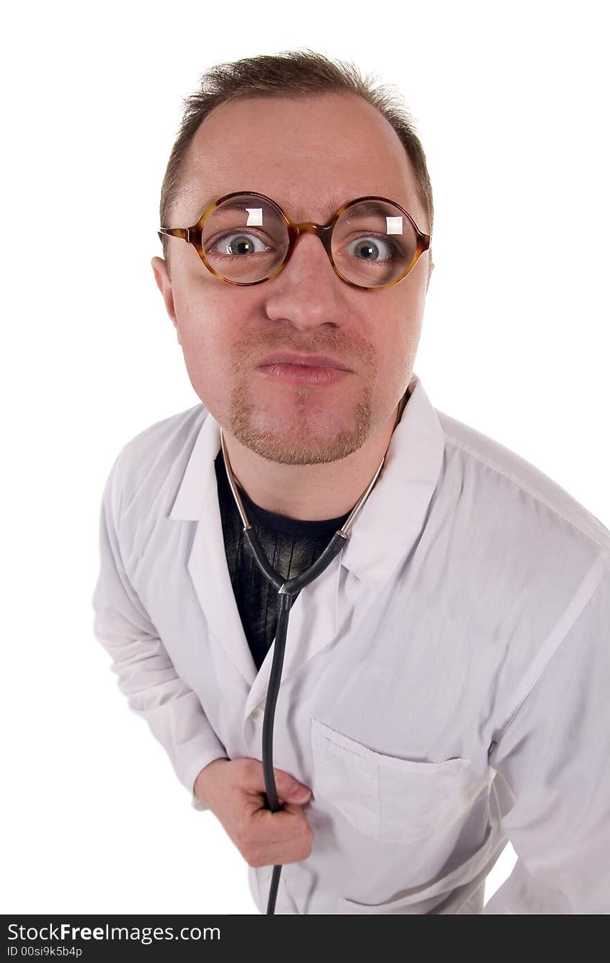 The serious doctor. It is isolated on a white background.