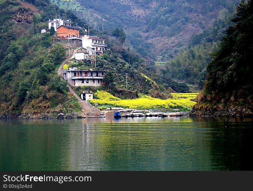 Picture shows a mountain village in spring time. Picture shows a mountain village in spring time.