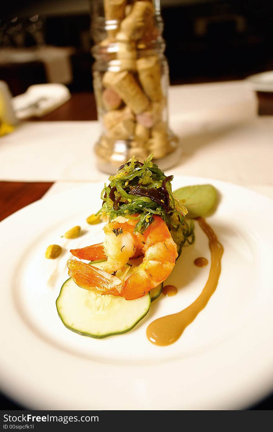 Jumbo shrimp salad with algae called wakame