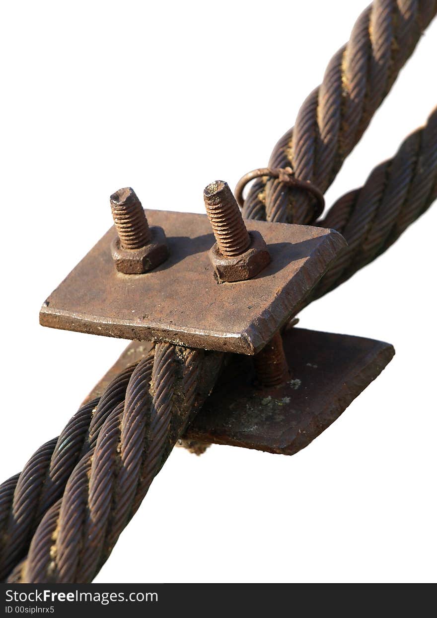 Connection of two ropes with rusty bolts. Connection of two ropes with rusty bolts