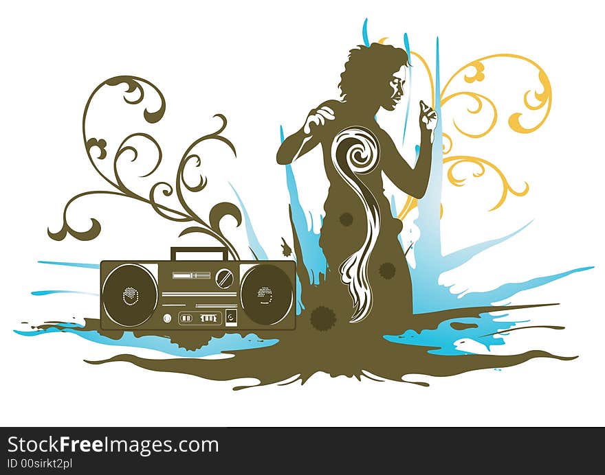 Illustration of a dancing woman and a radio set