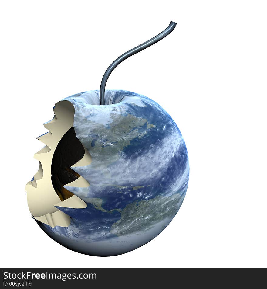 Eaten ground in the form of an apple. 3D image.