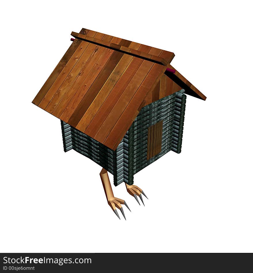 Wooden house with foots on a white background. 3D image.
