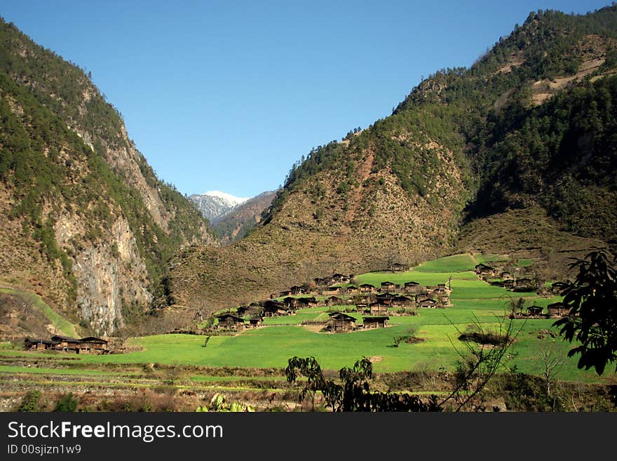 A village in the steep mountain valley