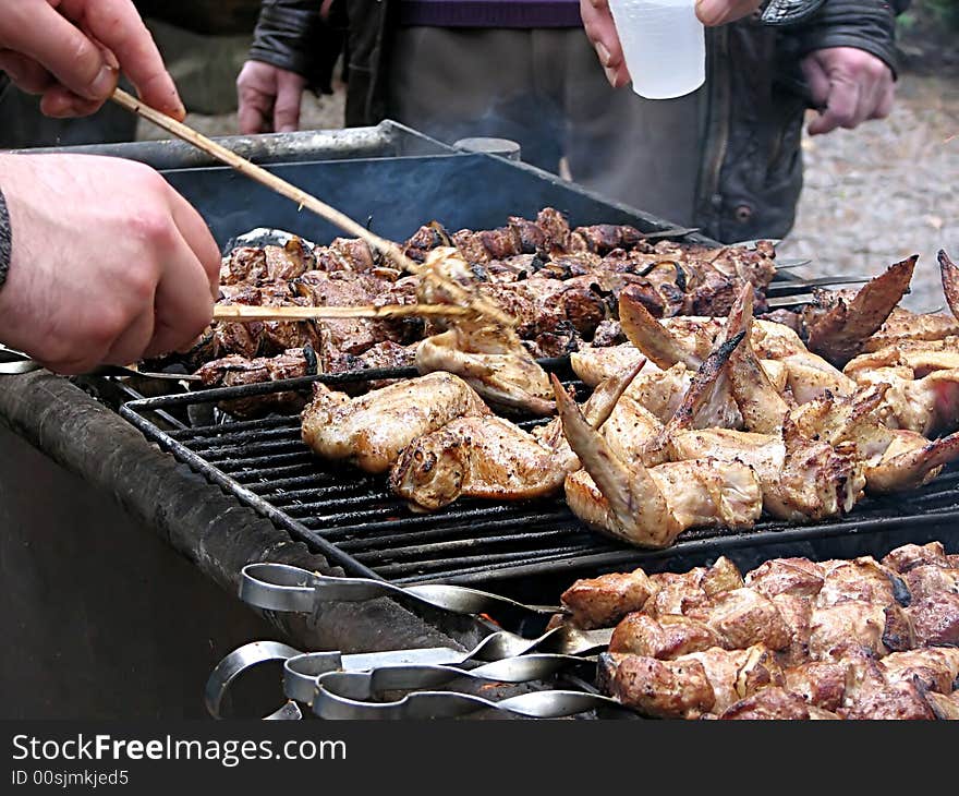 Meat dish is coocing on the fire. Ukraine. Meat dish is coocing on the fire. Ukraine