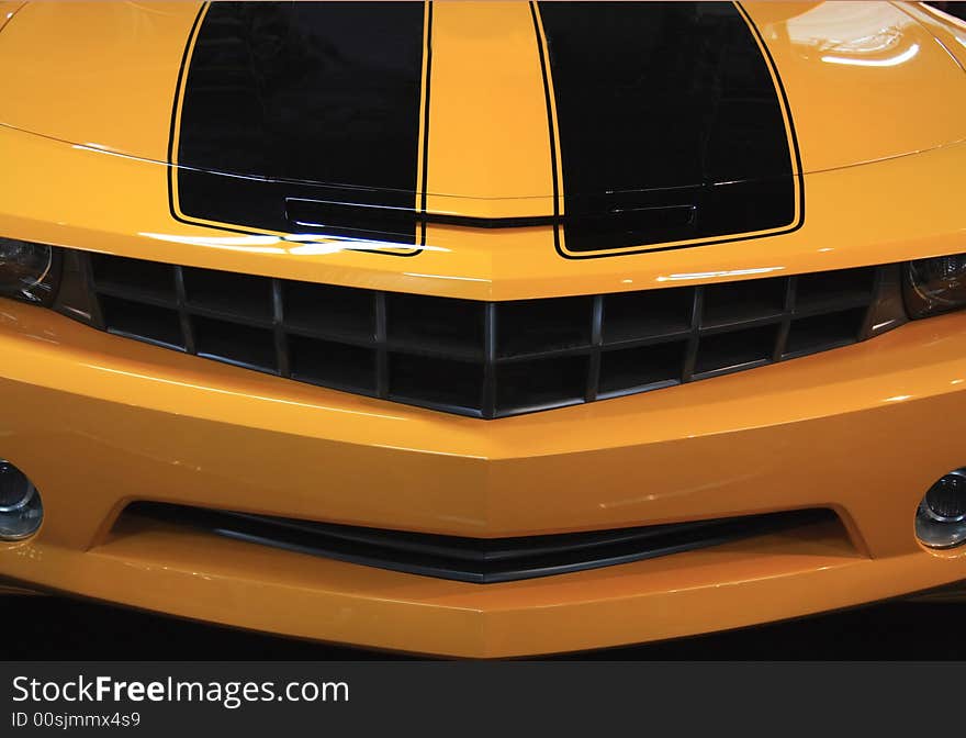 Close up front end detail of a modern American muscle car