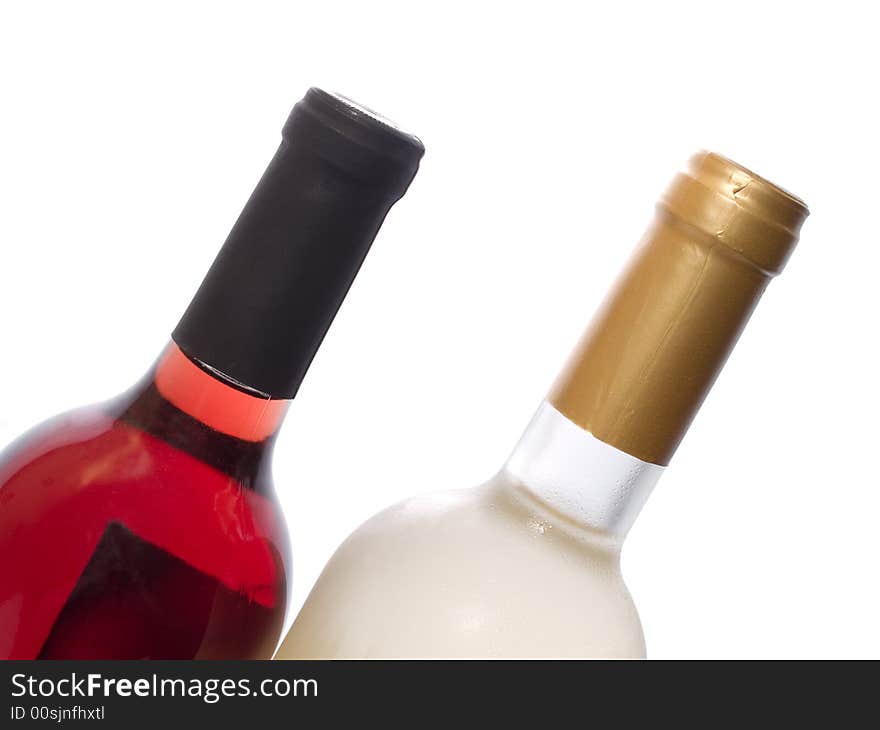 Two bottles of red and white wine isolated on white background