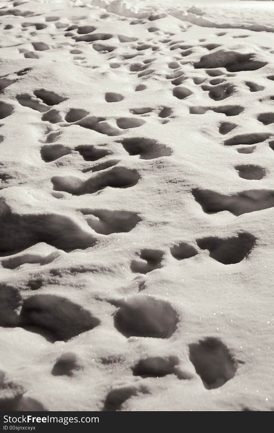 Abstract night shot of footprints in a field covered with snow. Abstract night shot of footprints in a field covered with snow.