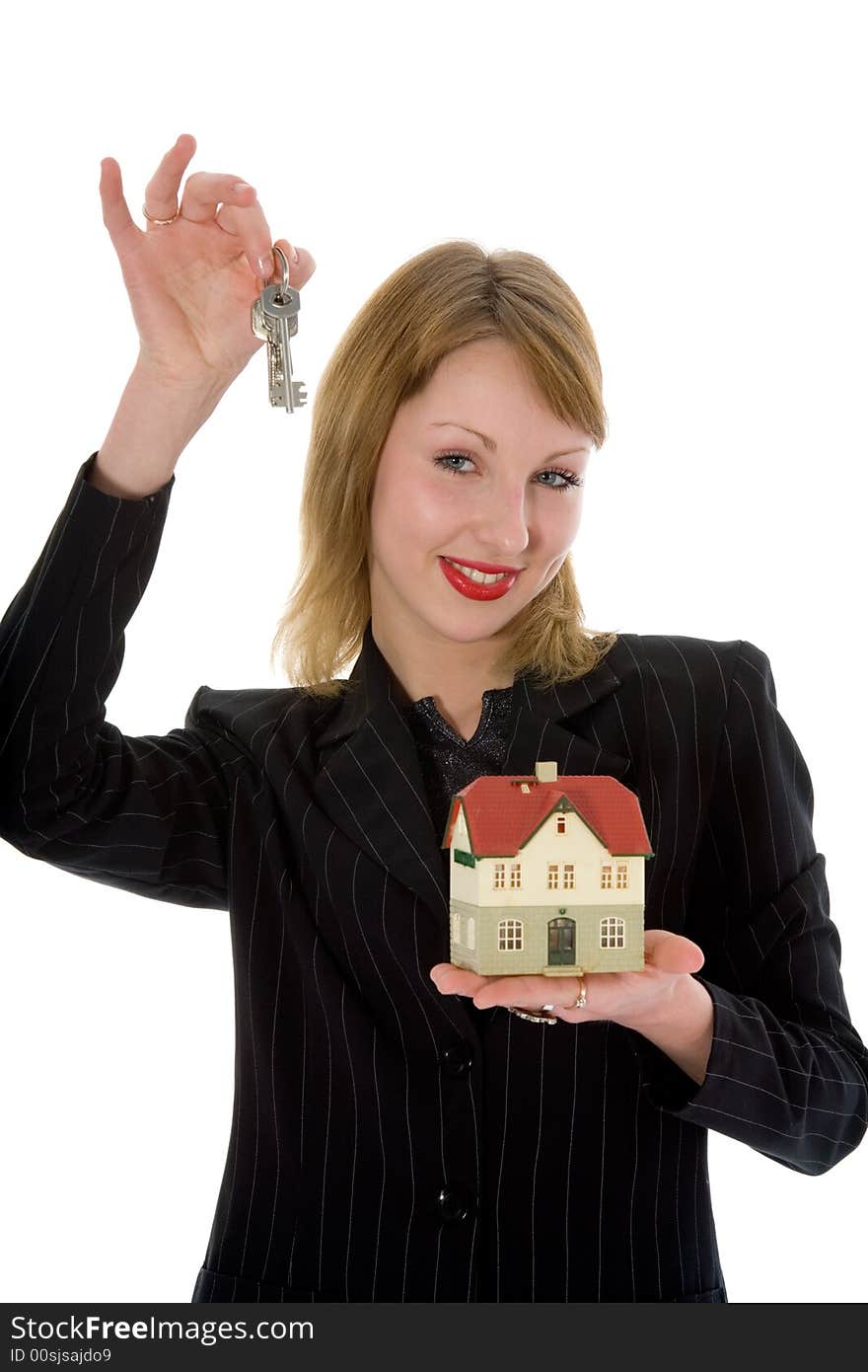 Business woman advertises real estate on white background