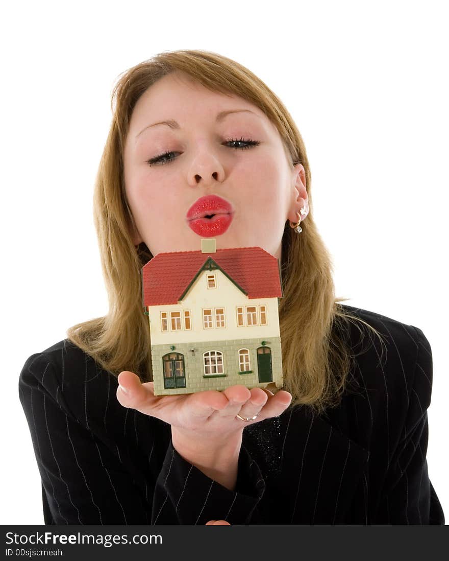 Business woman advertises real estate on white background