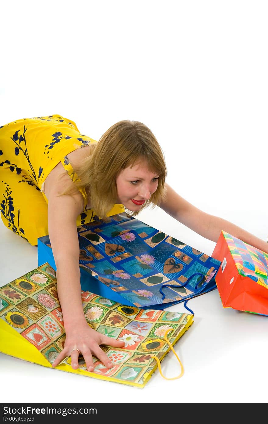 Expressive woman  on white background  shopping. Expressive woman  on white background  shopping