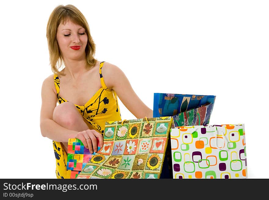 Expressive woman  on white background  shopping. Expressive woman  on white background  shopping