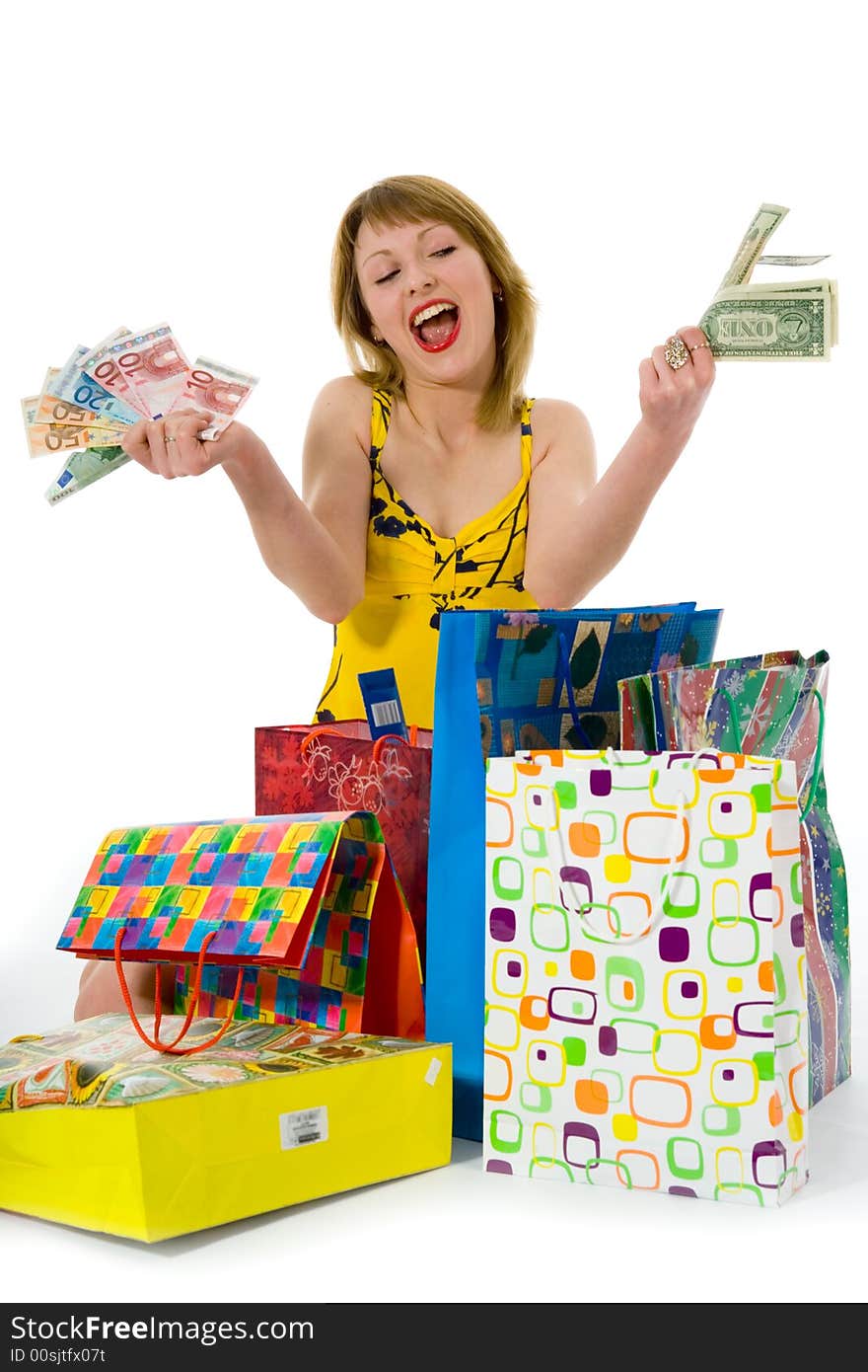 Expressive woman  on white background  shopping. Expressive woman  on white background  shopping