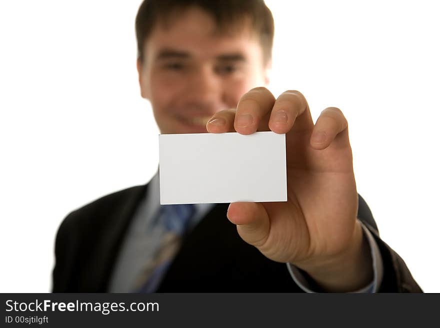 Businessman holding blank card isolated over white background