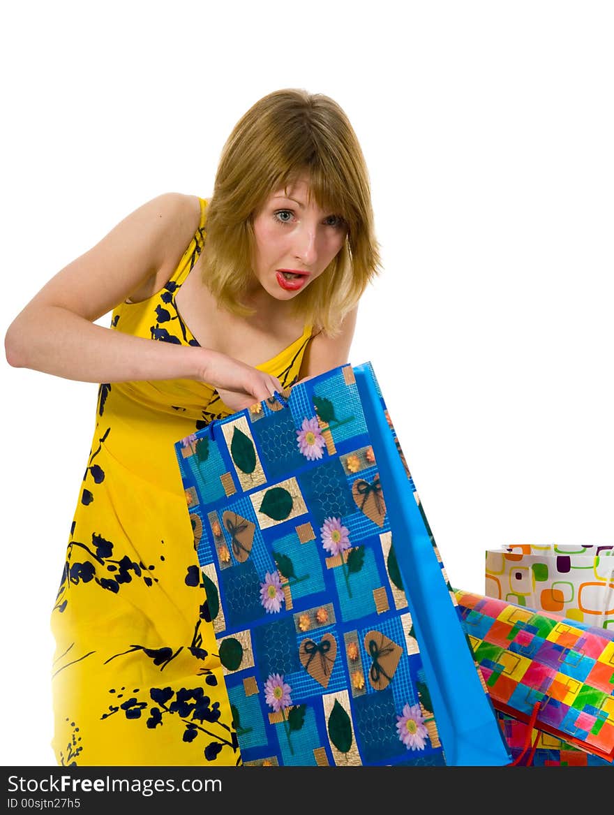 Expressive woman  on white background  shopping. Expressive woman  on white background  shopping