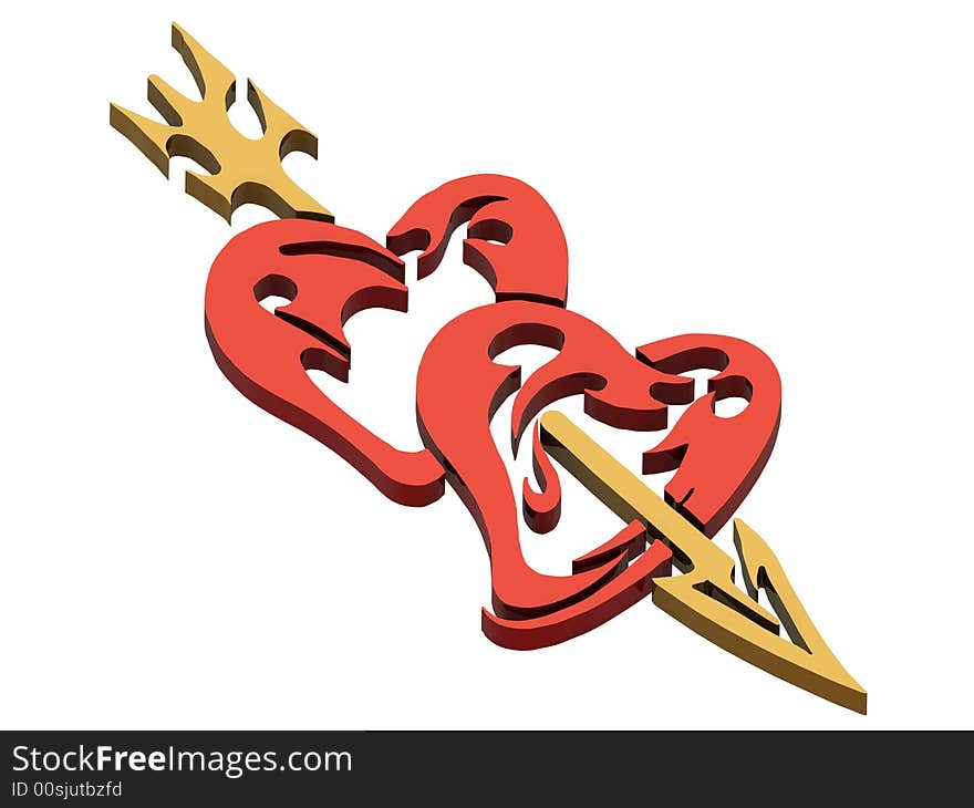 Red hearts with golden arrow. Red hearts with golden arrow