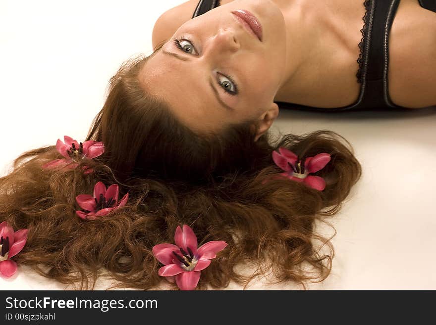 Woman with pink flowers