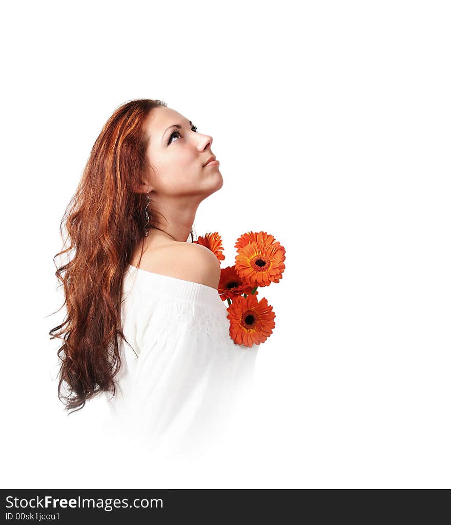 Beautyful young girl with bunch of flowers. Beautyful young girl with bunch of flowers