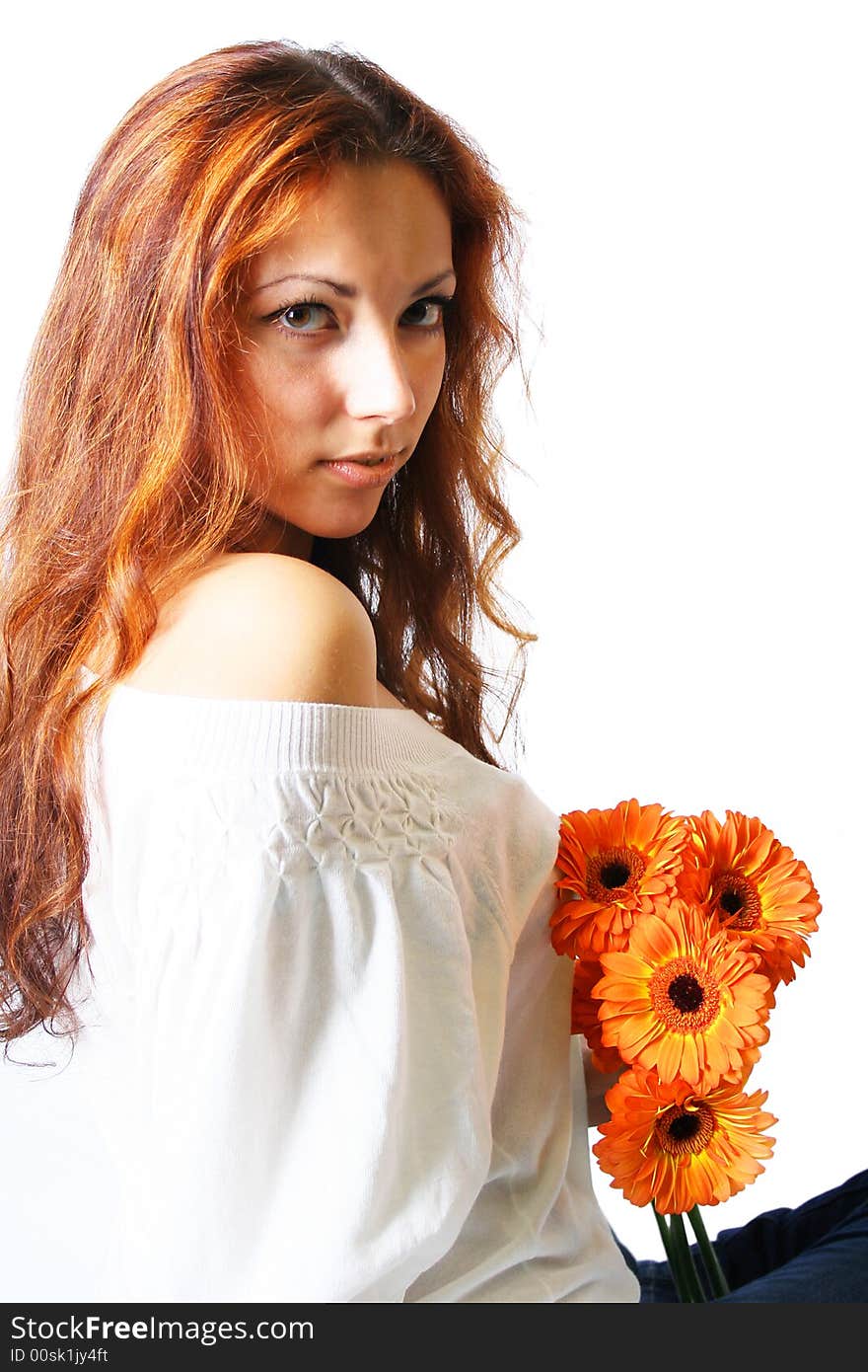 Beautyful young girl with bunch of flowers. Beautyful young girl with bunch of flowers