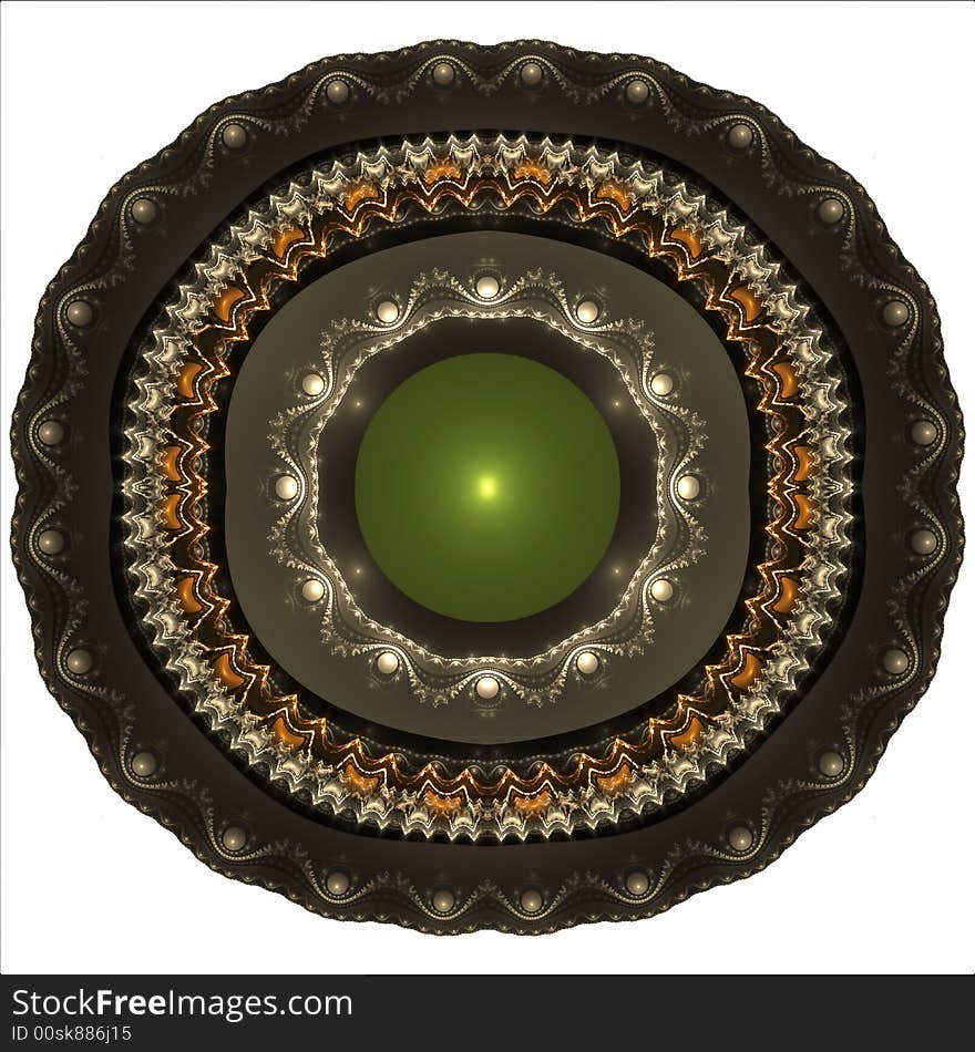 Abstract fractal image resembling a nested display plate with a peridot cabochon. Abstract fractal image resembling a nested display plate with a peridot cabochon