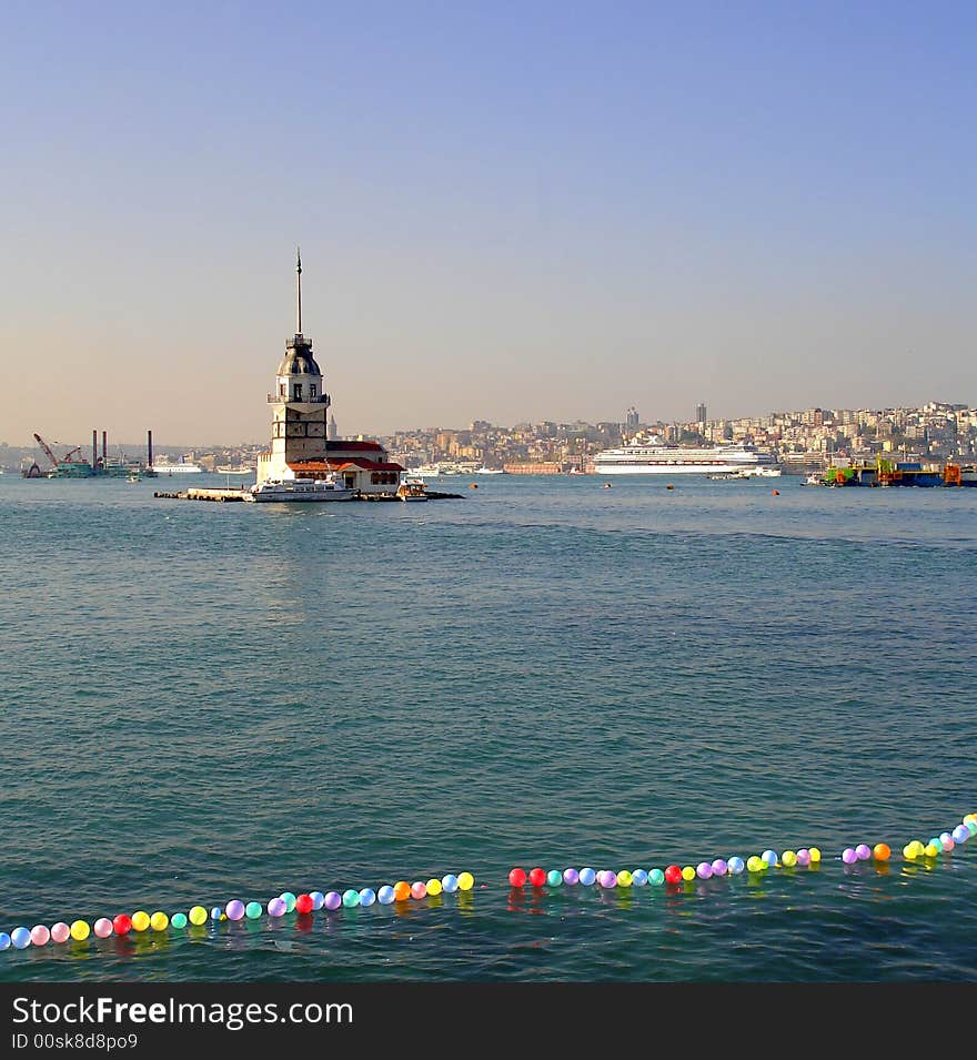 Historical Maiden  Tower with many names and legends on an islet in Marmara Sea off Salacak coast, Istanbul. Historical Maiden  Tower with many names and legends on an islet in Marmara Sea off Salacak coast, Istanbul