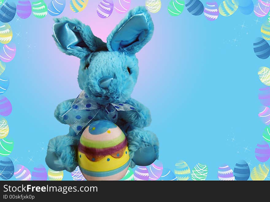 Blue Easter bunny on an egg bordered background. Blue Easter bunny on an egg bordered background.