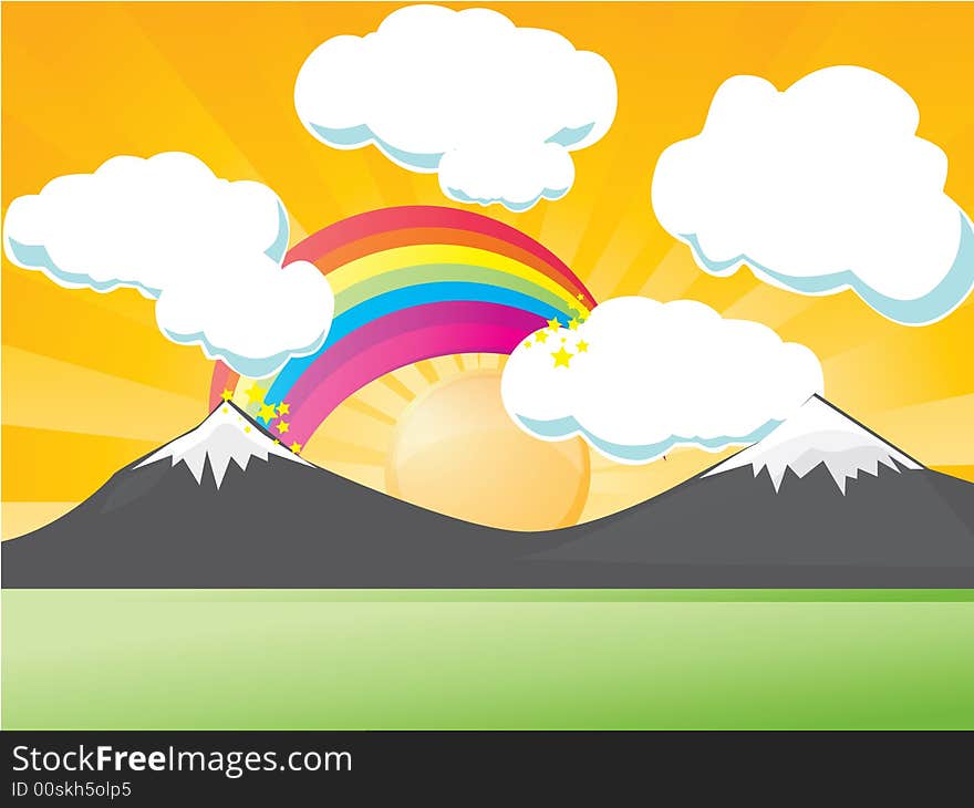 Vector illustration of mountain spring scene with rainbow. Vector illustration of mountain spring scene with rainbow