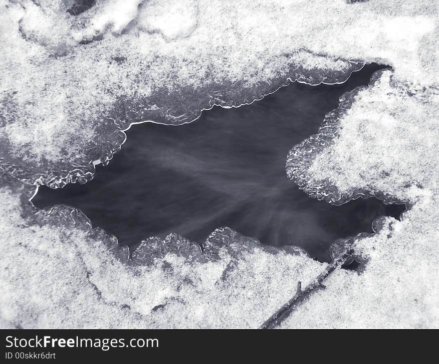 Brook is covered by ice and water flows under them with a small strem. Brook is covered by ice and water flows under them with a small strem