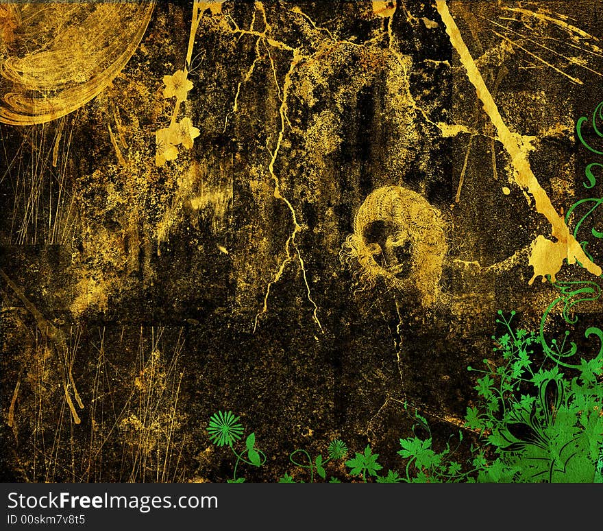 Grunge background with stains and cracks, floral