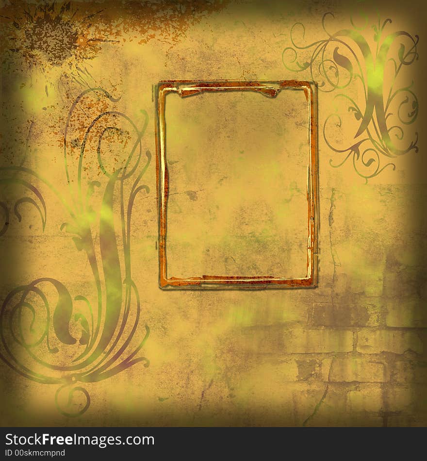 Grunge background with stains and cracks, floral, and frame