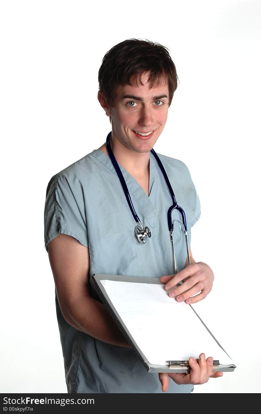 Young male doctor clipboard smile