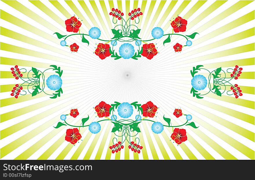 Vector illustration of a floral frame with a gradient sunburst in the background in spring colors. Vector illustration of a floral frame with a gradient sunburst in the background in spring colors