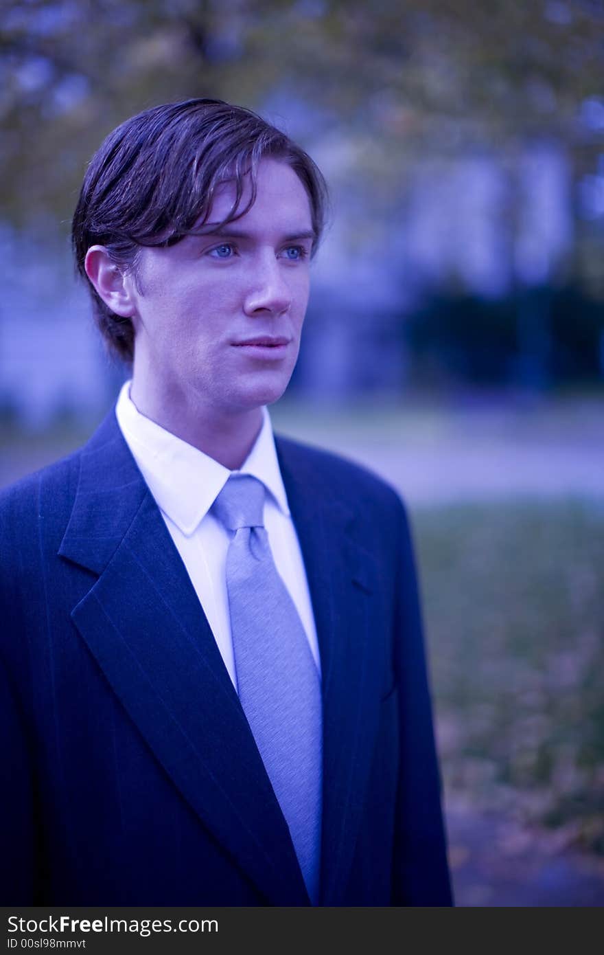 Portrait of single white young businessman wearing suit and tie looking forward