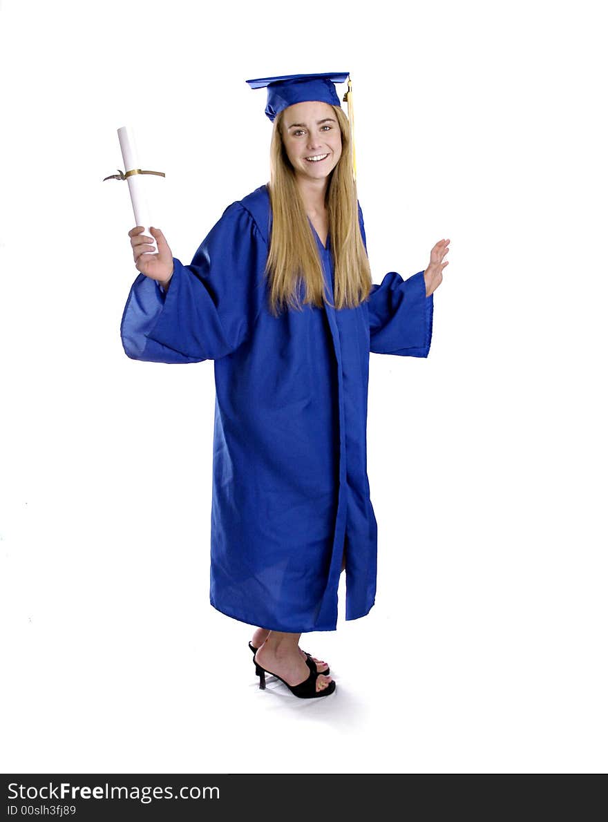 Pretty teen girl in blue graduation gown and cap. Pretty teen girl in blue graduation gown and cap