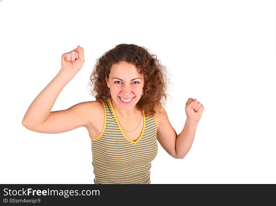 Angry young woman gestures by the hands