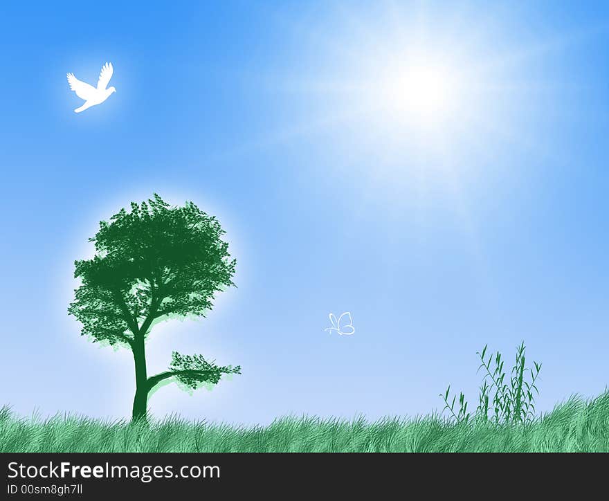 Spring landscape with sun, tree and animals