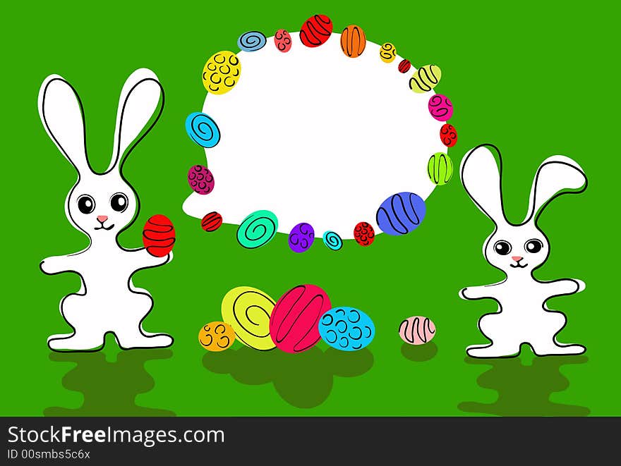 Illustrated easter wishes with a two small bunnies and a lot of coloured easter eggs