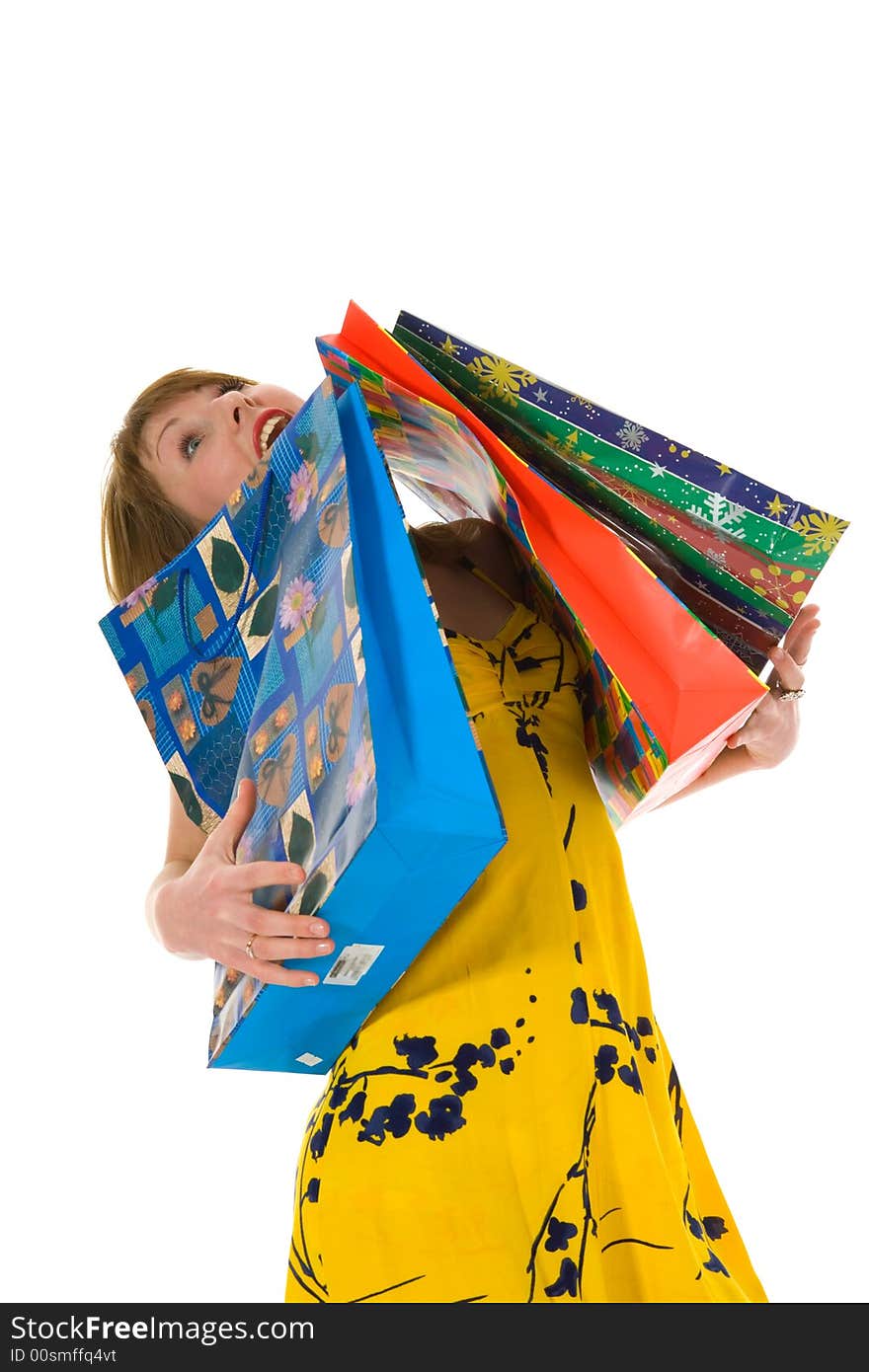 Expressive woman  on white background  shopping. Expressive woman  on white background  shopping