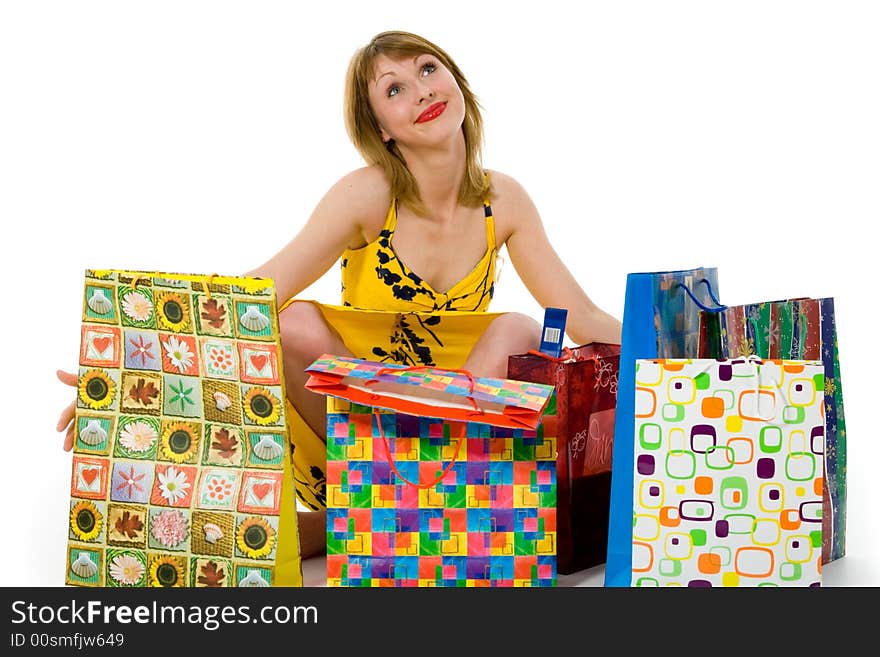 Expressive woman  on white background  shopping. Expressive woman  on white background  shopping