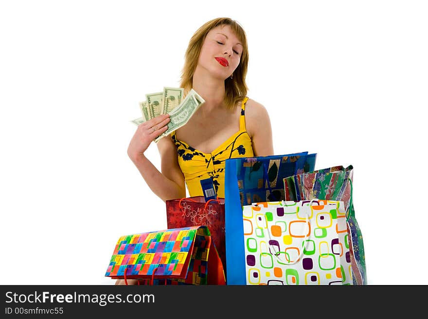 Expressive woman  on white background  shopping. Expressive woman  on white background  shopping