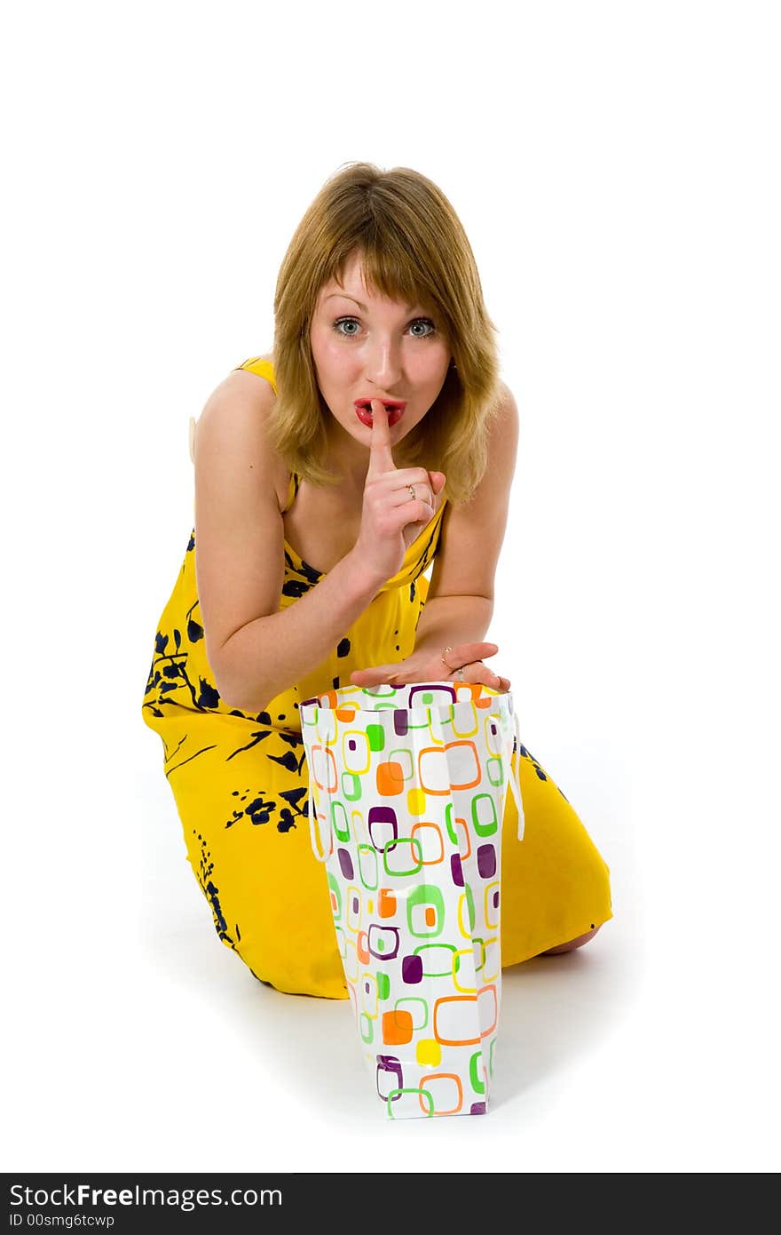 Expressive woman  on white background  shopping. Expressive woman  on white background  shopping