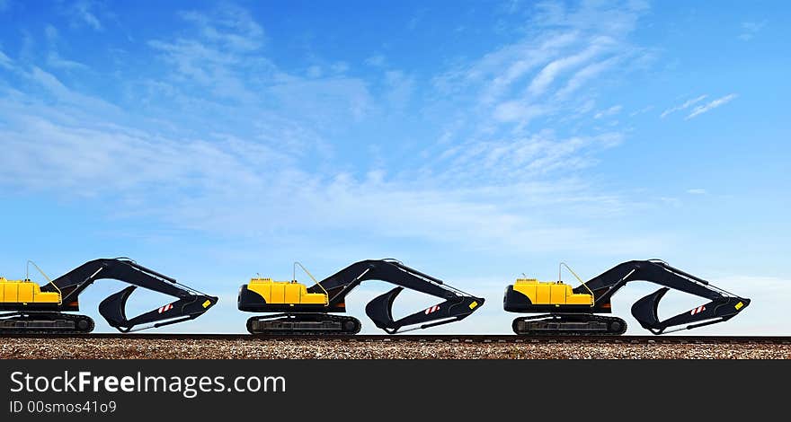 Power-shovels, transported on low railway platforms on a parallel way, to subjacent, it seems therefore, that they cost on the rails of railway. Power-shovels, transported on low railway platforms on a parallel way, to subjacent, it seems therefore, that they cost on the rails of railway.