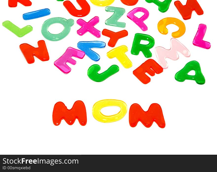 Color gel alphabet letters and word Mom. Isolated on white