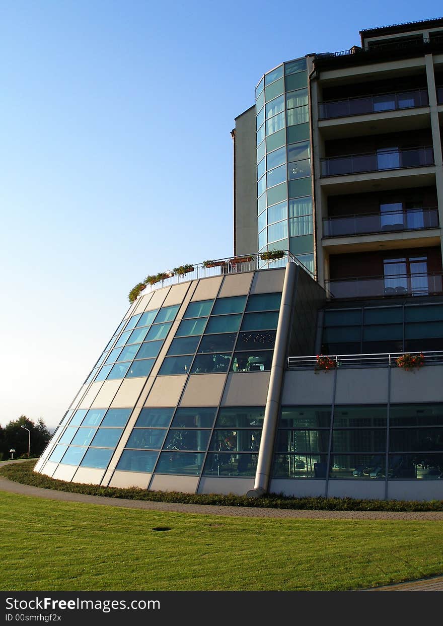 Beauty sunny day and modern building. Beauty sunny day and modern building