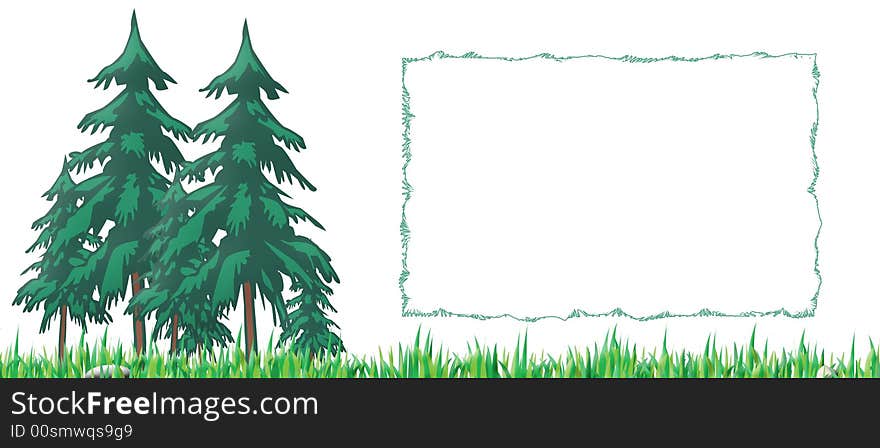 It's the illustration, on a white background, of a pleasant wood, with trees, grass, small rocks. In this version there is a frame that you can fill as you want!. It's the illustration, on a white background, of a pleasant wood, with trees, grass, small rocks. In this version there is a frame that you can fill as you want!