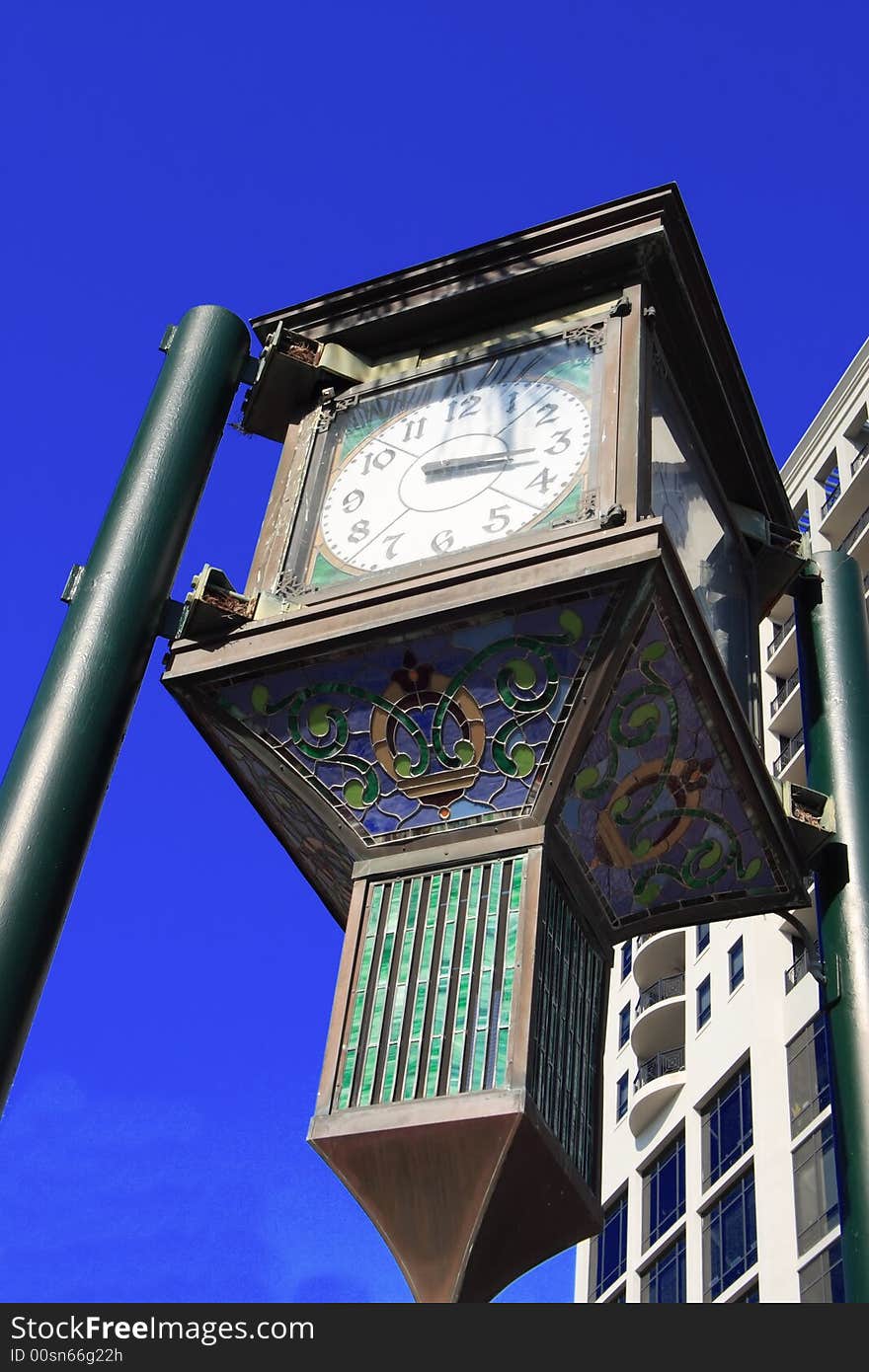 Outdoor art deco clock in the down town area. Outdoor art deco clock in the down town area