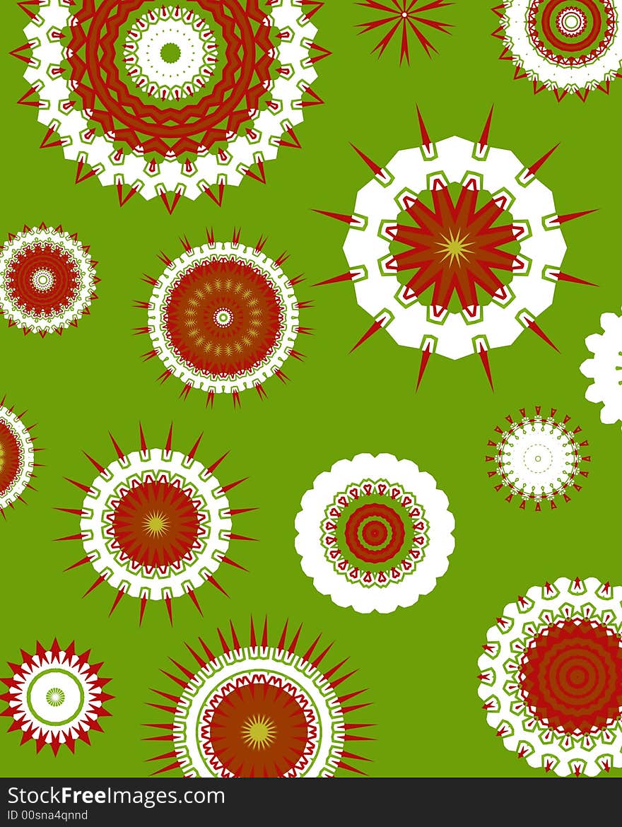 Red and white abstract shapes over a green background. Red and white abstract shapes over a green background