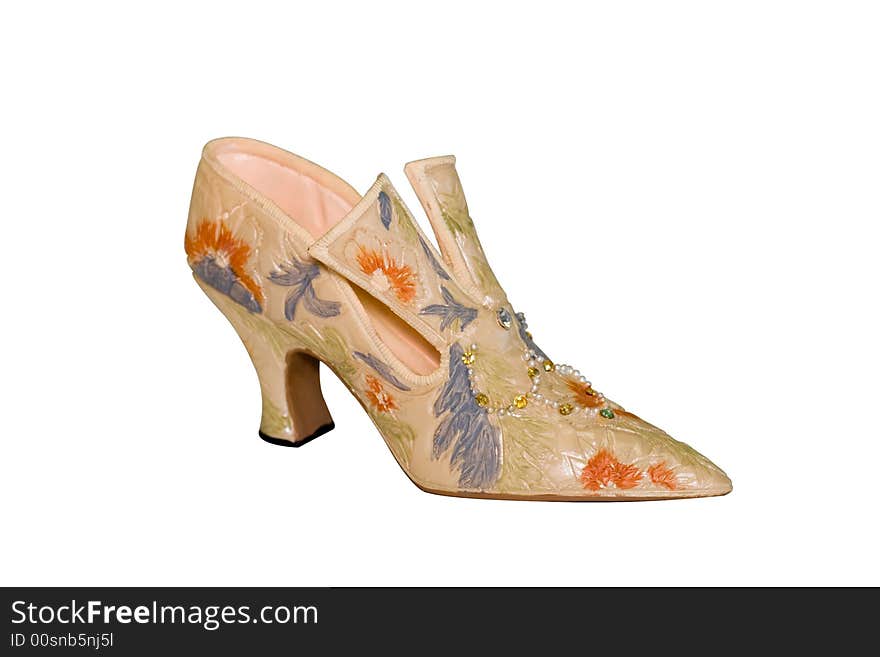 Shoes with painted flowers  and decorated strasses and beads (miniature). Shoes with painted flowers  and decorated strasses and beads (miniature)